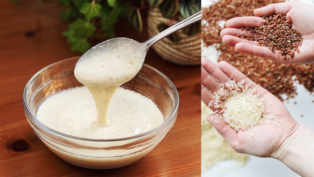 Homemade rice and fenugreek paste in bowl and rice and fenugreek in both hands  