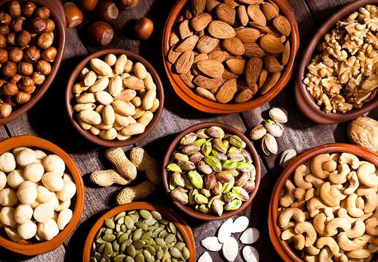 Different nuts are kept in different bowl